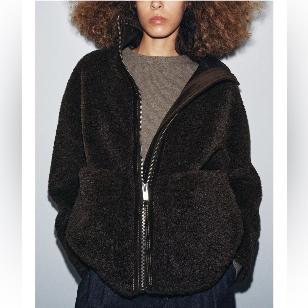 NWT Zara Double-Faced High Neck Faux Shearling Jacket